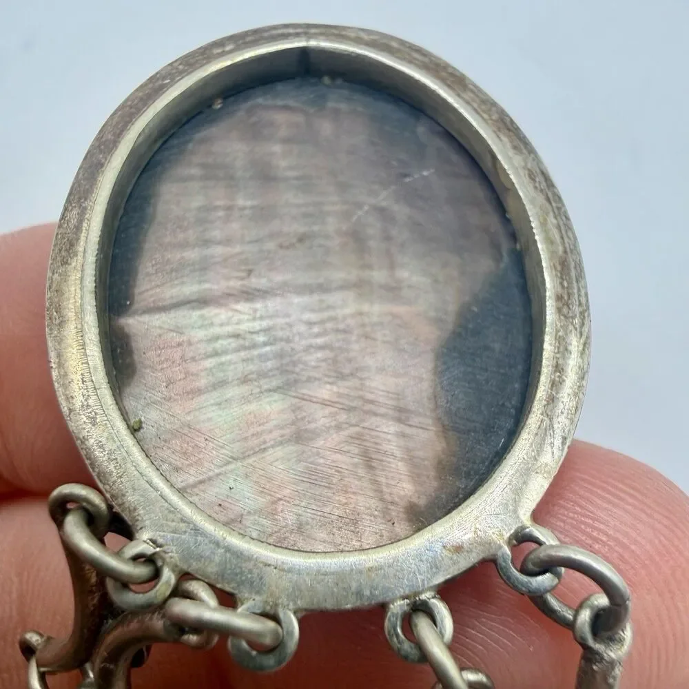 Antique Three Graces Carved Mother of Pearl MOP 800 Silver 3 Cameo Necklace Vtg